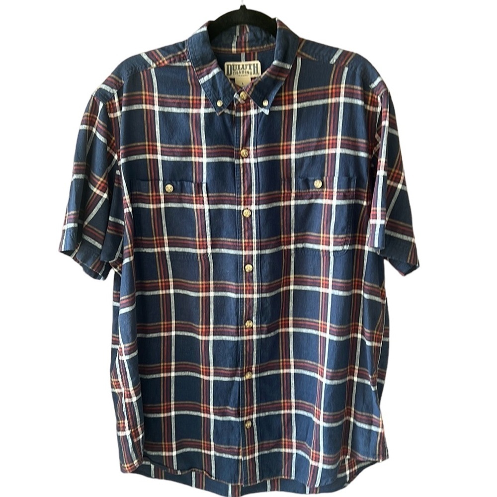 Duluth & Co. Men’s 100% Cotton Plaid Short Sleeve Button Down Shirt. Navy Red - Picture 1 of 6